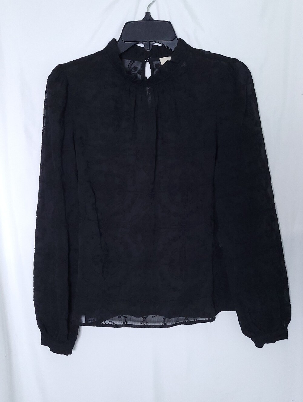 SEZANE Valentine Embroidered Black Sheer Ruffle Neckline Women's Blouse Sz.34/2